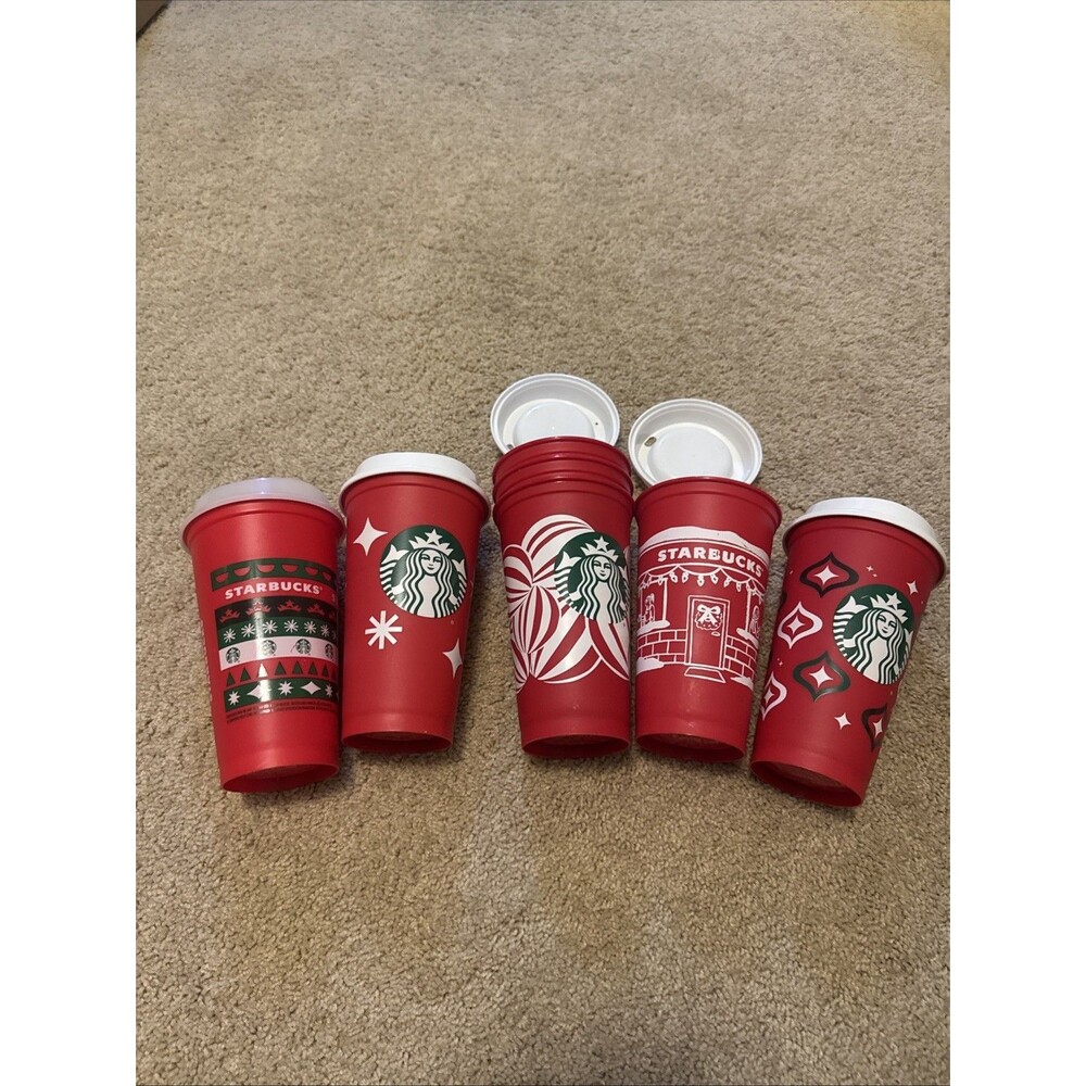 5 Starbucks Reusable Hot Cups Winter Red Christmas Holiday W Lids Plus 2 W/o Lid